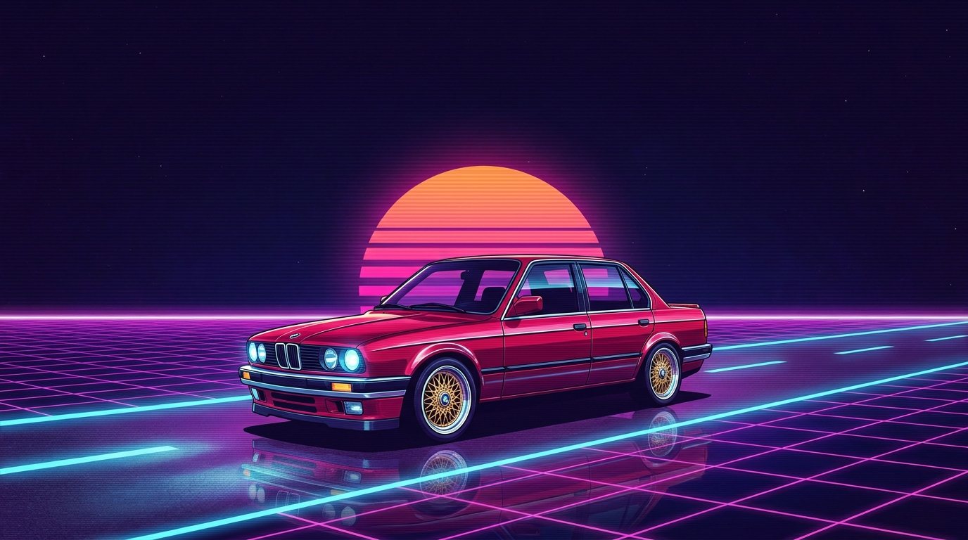 Kirschroter BMW E30 auf einem Neon-Highway im Synthwave-Stil